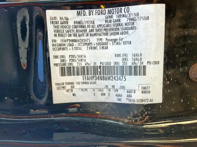 1FAHP34N86W243475 - 2006 FORD FOCUS ZX4 BLACK photo 10