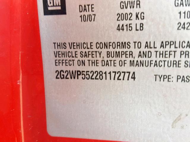 2G2WP552281172774 - 2008 PONTIAC GRAND PRIX RED photo 10