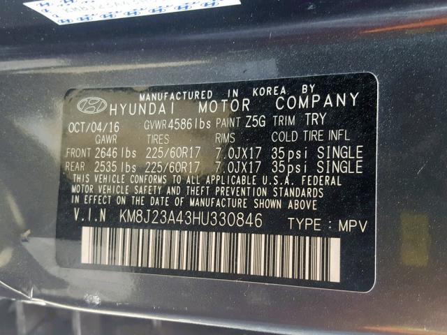 KM8J23A43HU330846 - 2017 HYUNDAI TUCSON SE GRAY photo 10