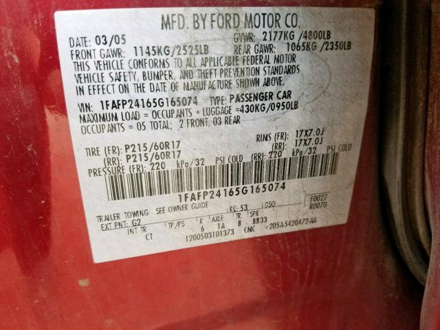 1FAFP24165G165074 - 2005 FORD FIVE HUNDR RED photo 10