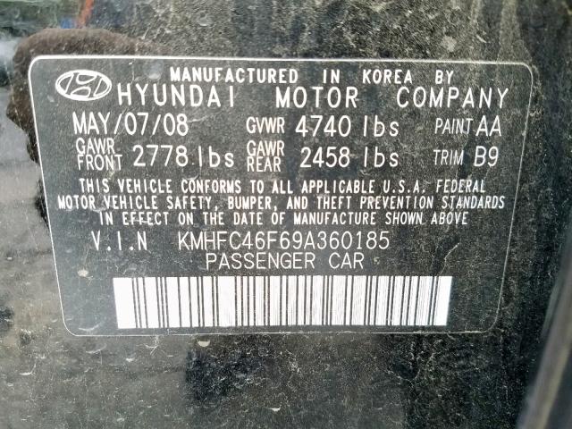 KMHFC46F69A360185 - 2009 HYUNDAI AZERA SE BLACK photo 10