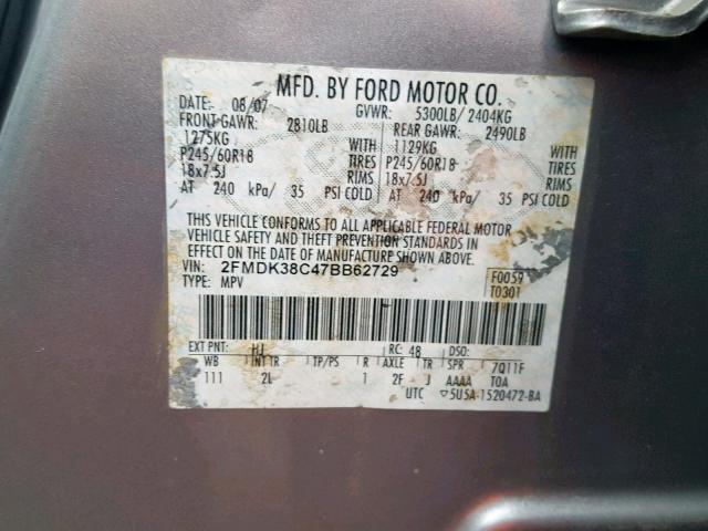 2FMDK38C47BB62729 - 2007 FORD EDGE SEL GRAY photo 10