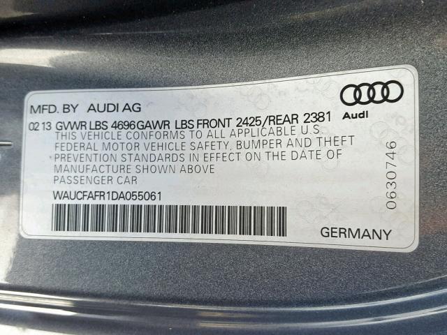 WAUCFAFR1DA055061 - 2013 AUDI A5 PREMIUM GRAY photo 10