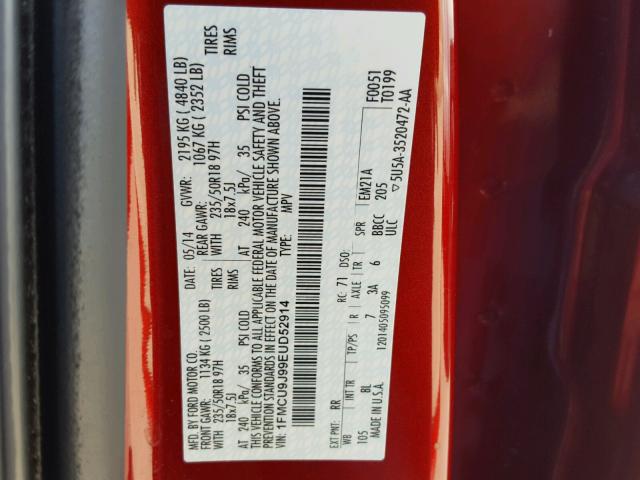 1FMCU9J99EUD52914 - 2014 FORD ESCAPE TIT RED photo 10