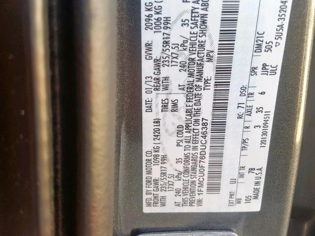 1FMCU0F76DUC46387 - 2013 FORD ESCAPE S GRAY photo 10