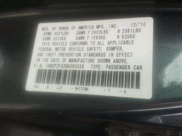 1HGCP2F82BA065559 - 2011 HONDA ACCORD EXL GRAY photo 10