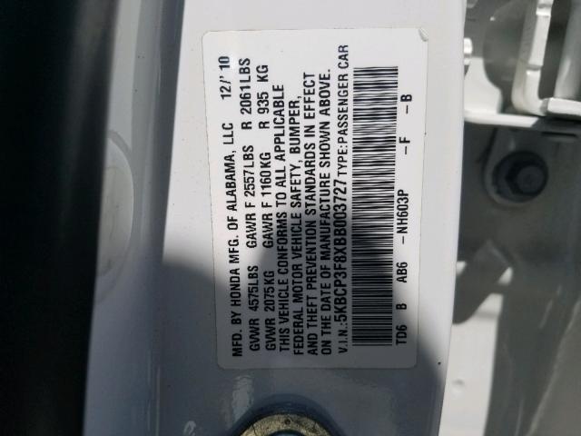 5KBCP3F8XBB003727 - 2011 HONDA ACCORD EXL WHITE photo 10