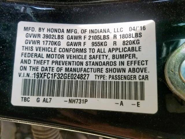 19XFC1F32GE024827 - 2016 HONDA CIVIC EX BLACK photo 10