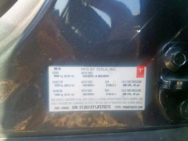 5YJSA1E21JF276213 - 2018 TESLA MODEL S فضي صورة 10