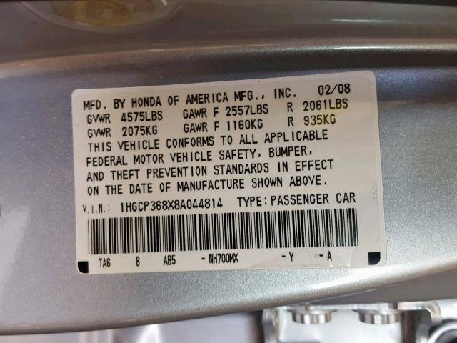 1HGCP368X8A044814 - 2008 HONDA ACCORD EXL SILVER photo 10