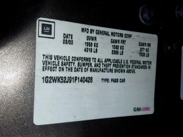 1G2WK52J91F140428 - 2001 PONTIAC GRAND PRIX BROWN photo 10