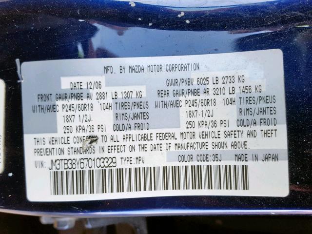 JM3TB38Y670103329 - 2007 MAZDA CX-9 BLUE photo 10