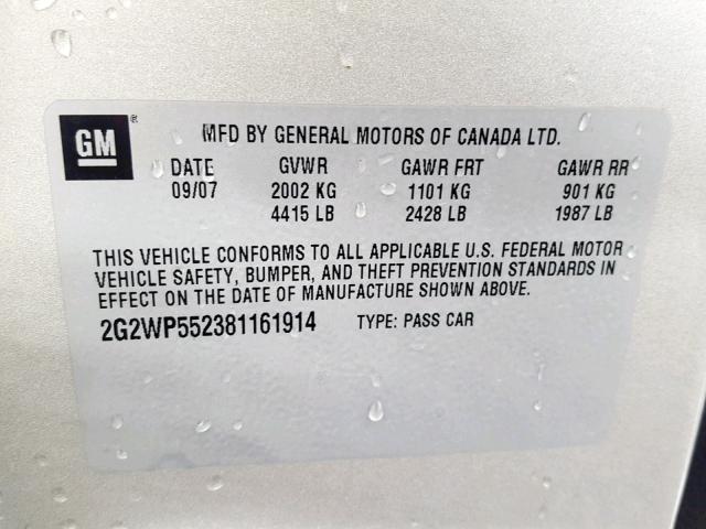 2G2WP552381161914 - 2008 PONTIAC GRAND PRIX SILVER photo 10