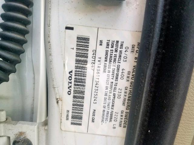 YV1RS61T342325243 - 2004 VOLVO S60 WHITE photo 10