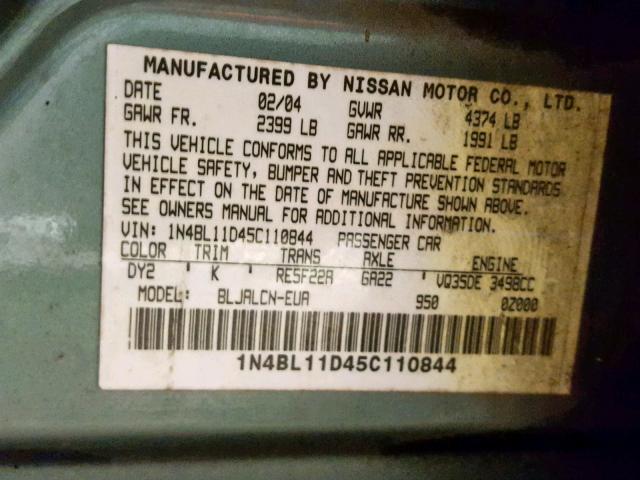 1N4BL11D45C110844 - 2005 NISSAN ALTIMA SE GRAY photo 10