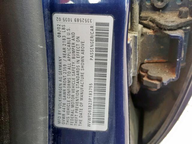 WVWPD63B23P183755 - 2003 VOLKSWAGEN PASSAT GLS BLUE photo 10