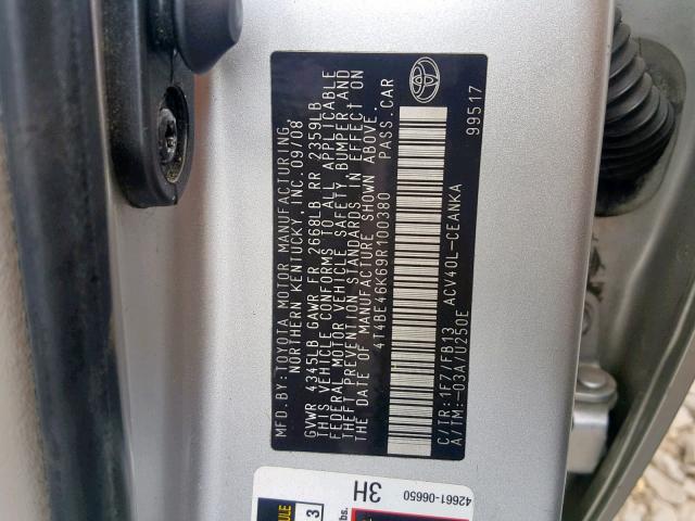 4T4BE46K69R100380 - 2009 TOYOTA CAMRY BASE SILVER photo 10