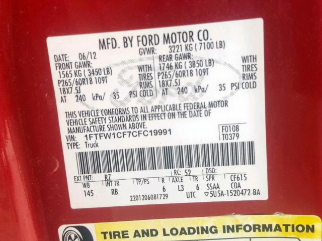 1FTFW1CF7CFC19991 - 2012 FORD F150 SUPER RED photo 10