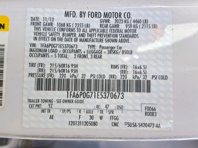 1FA6P0G71E5370673 - 2014 FORD FUSION S WHITE photo 10