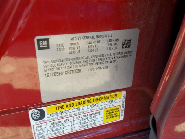 1G1ZC5E01CF270028 - 2012 CHEVROLET MALIBU 1LT ბურგუნდია ფოტო 10