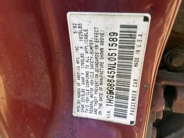 1HGEG8645NL051589 - 1992 HONDA CIVIC DX BURGUNDY photo 10