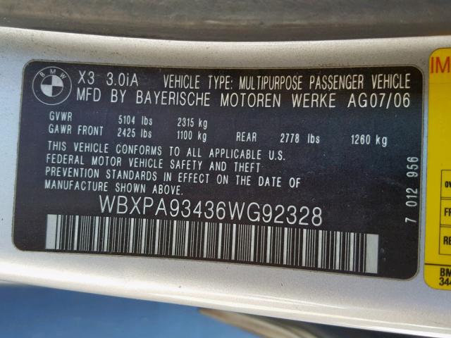 WBXPA93436WG92328 - 2006 BMW X3 3.0I GRAY photo 10