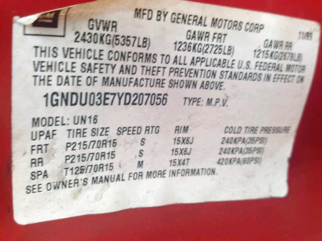 1GNDU03E7YD207056 - 2000 CHEVROLET VENTURE RED photo 10