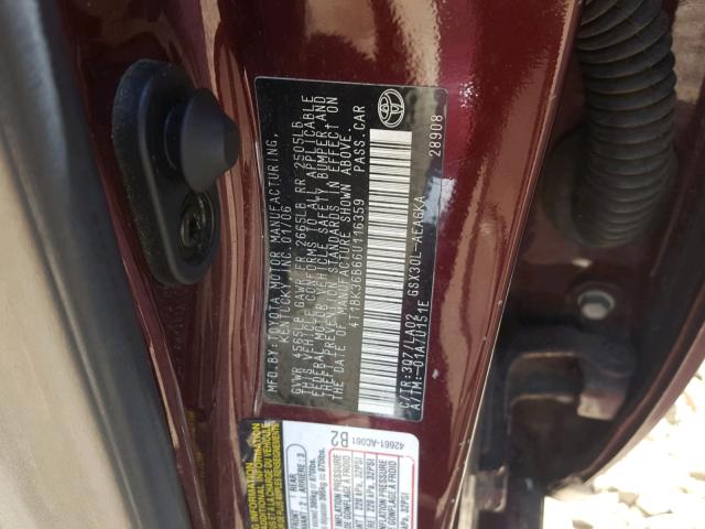 4T1BK36B66U116359 - 2006 TOYOTA AVALON XL MAROON photo 10