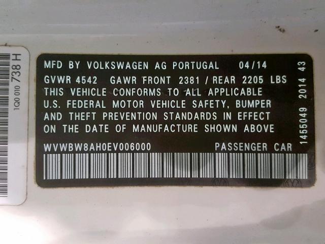 WVWBW8AH0EV006000 - 2014 VOLKSWAGEN EOS KOMFOR WHITE photo 10