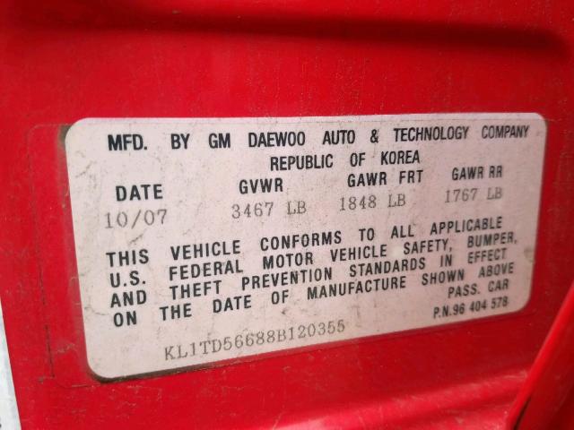 KL1TD56688B120355 - 2008 CHEVROLET AVEO BASE Qırmızı foto 10