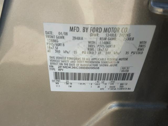 2FMDK36C38BB09508 - 2008 FORD EDGE SE SILVER photo 10