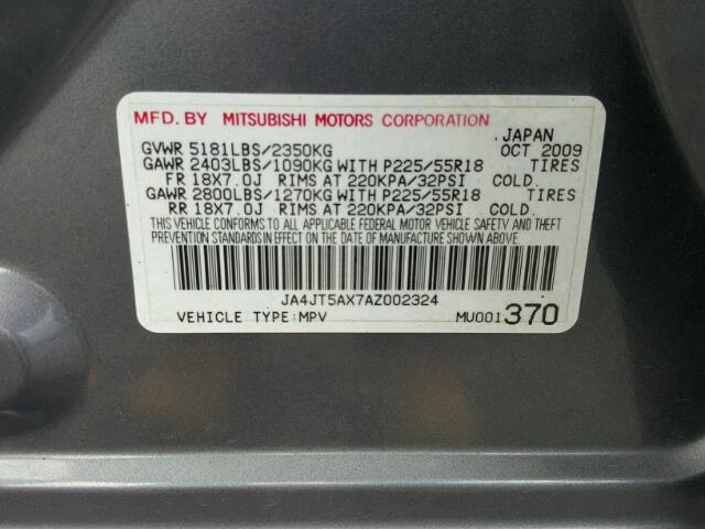 JA4JT5AX7AZ002324 - 2010 MITSUBISHI OUTLANDER GRAY photo 10