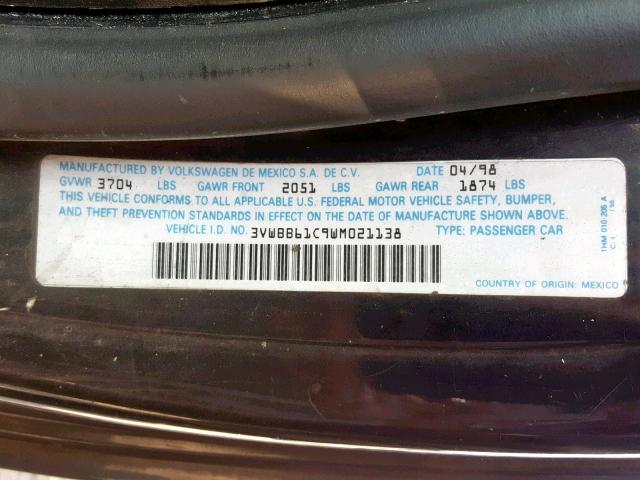 3VWBB61C9WM021138 - 1998 VOLKSWAGEN NEW BEETLE შავი ფოტო 10