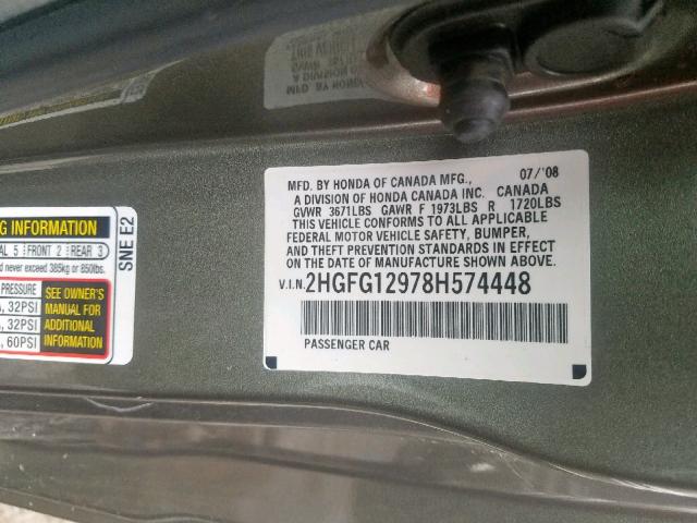 2HGFG12978H574448 - 2008 HONDA CIVIC EXL 灰色 照片 10