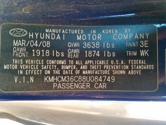 KMHCM36C88U084749 - 2008 HYUNDAI ACCENT GS BLUE photo 10