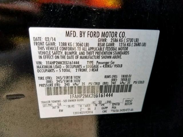 1FAHP2MK2EG161444 - 2014 FORD TAURUS POL BLACK photo 10