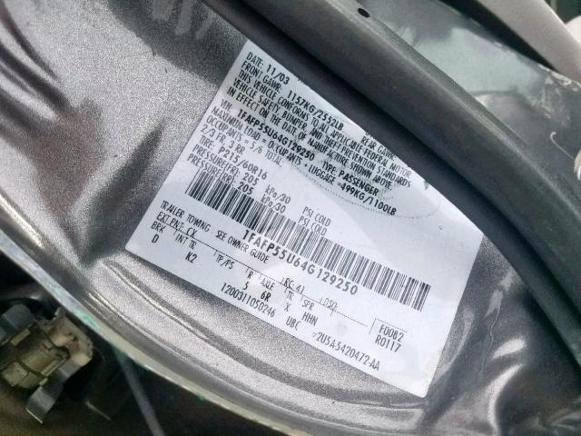 1FAFP55U64G129250 - 2004 FORD TAURUS SES GRAY photo 10