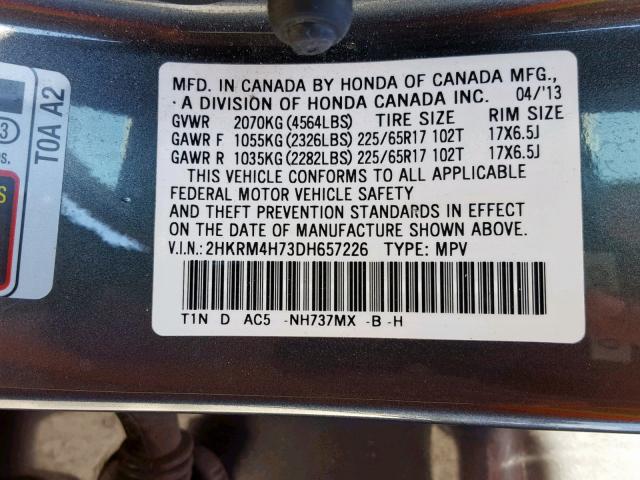 2HKRM4H73DH657226 - 2013 HONDA CR-V EXL GRAY photo 10