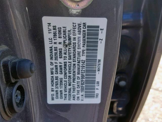 19XFB2F99FE219142 - 2015 HONDA CIVIC EXL 灰色 照片 10