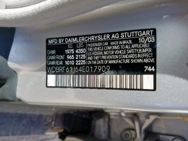 WDBRF61J64E017909 - 2004 MERCEDES-BENZ C 240 SILVER photo 10