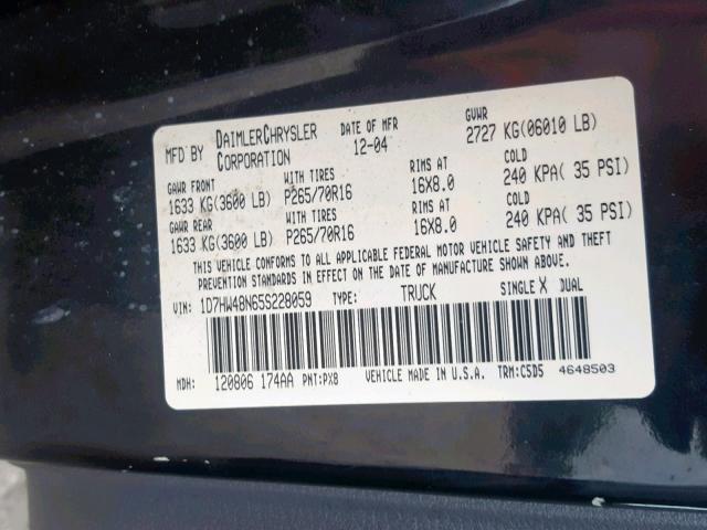 1D7HW48N65S228059 - 2005 DODGE DAKOTA QUA BLACK photo 10