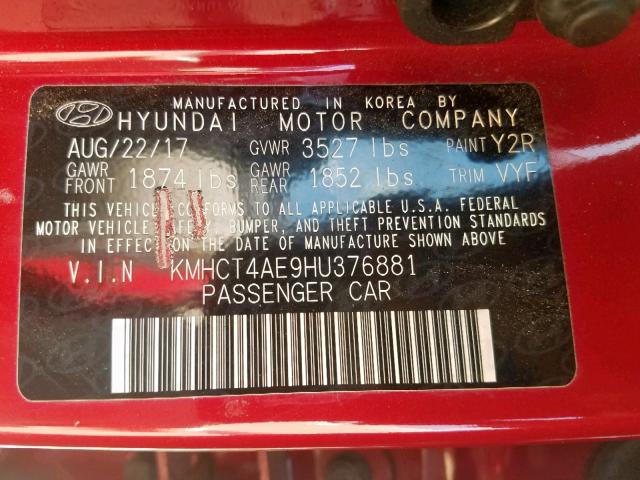 KMHCT4AE9HU376881 - 2017 HYUNDAI ACCENT SE RED photo 10