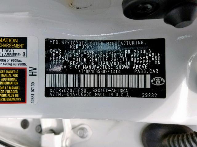 4T1BK1EB5GU241313 - 2016 TOYOTA AVALON XLE WHITE photo 10