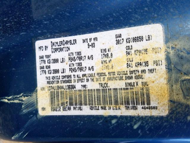 1D7HU18NX4J136364 - 2004 DODGE RAM 1500 S BLUE photo 10