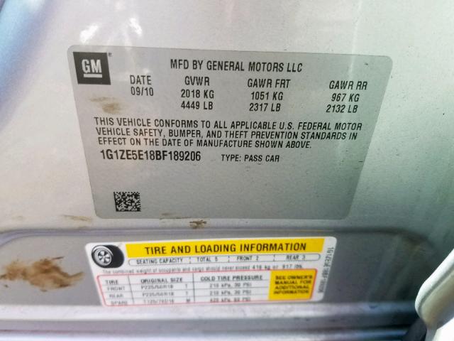 1G1ZE5E18BF189206 - 2011 CHEVROLET MALIBU LTZ ვერცხლისფერი ფოტო 10