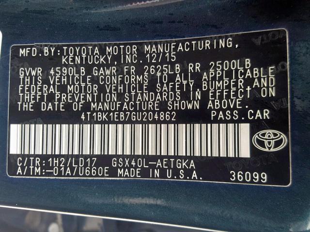 4T1BK1EB7GU204862 - 2016 TOYOTA AVALON XLE BLUE photo 10