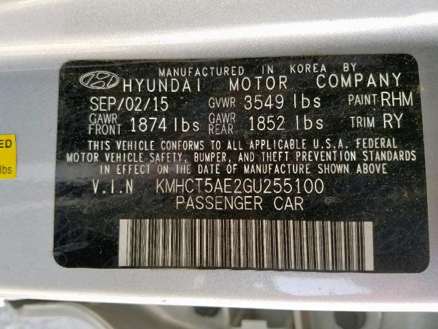 KMHCT5AE2GU255100 - 2016 HYUNDAI ACCENT SE SILVER photo 10