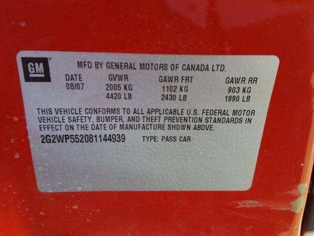 2G2WP552081144939 - 2008 PONTIAC GRAND PRIX RED photo 10