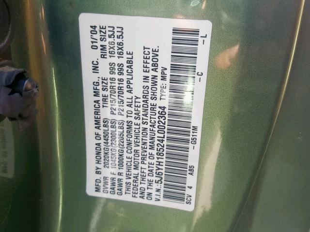 5J6YH18524L002364 - 2004 HONDA ELEMENT EX GREEN photo 10