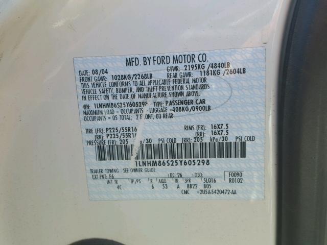 1LNHM86S25Y605298 - 2005 LINCOLN LS WHITE photo 10